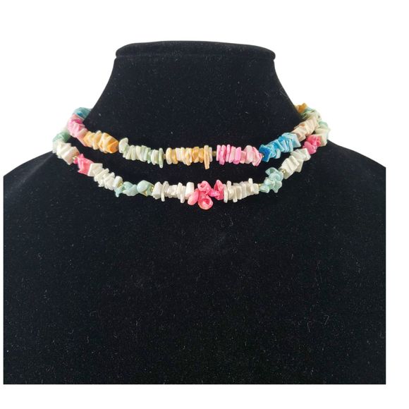 Lot of 2 Puka Shell Necklaces Beach Pastel Surfer Choker Pink Blue Green White - Picture 1 of 8